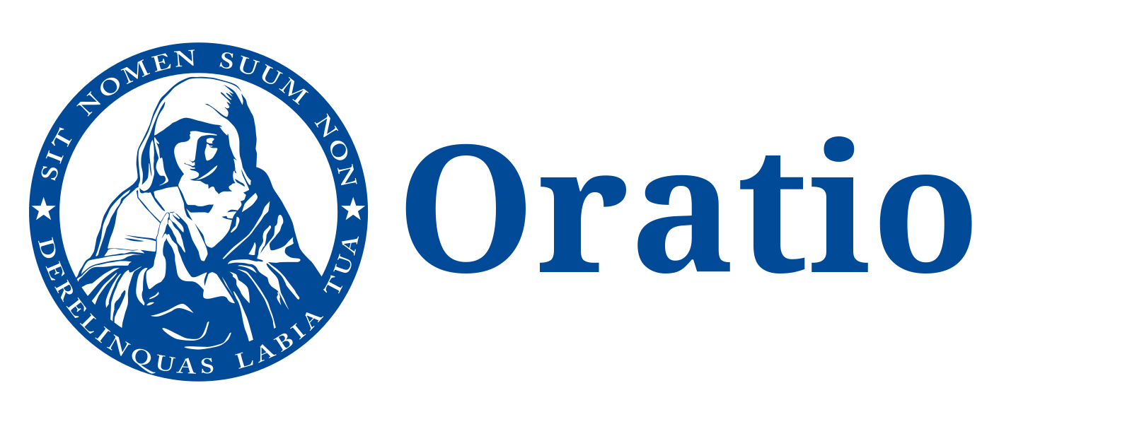 Logomarca do Oratio, formada pela imagem da Santíssima Virgem Maria, pelo lema em latim e pelo nome Oratio