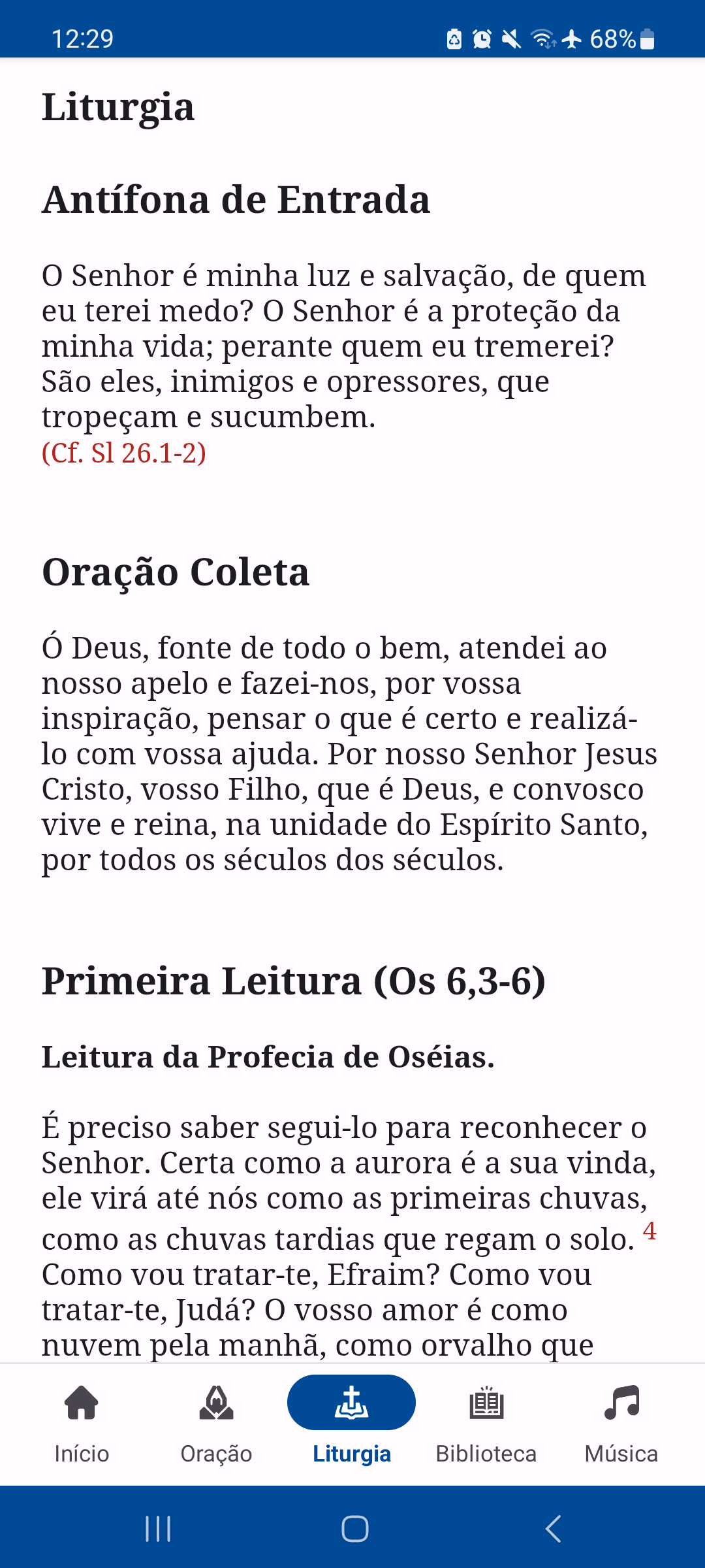 Tela da Liturgia diária no aplicativo Oratio
