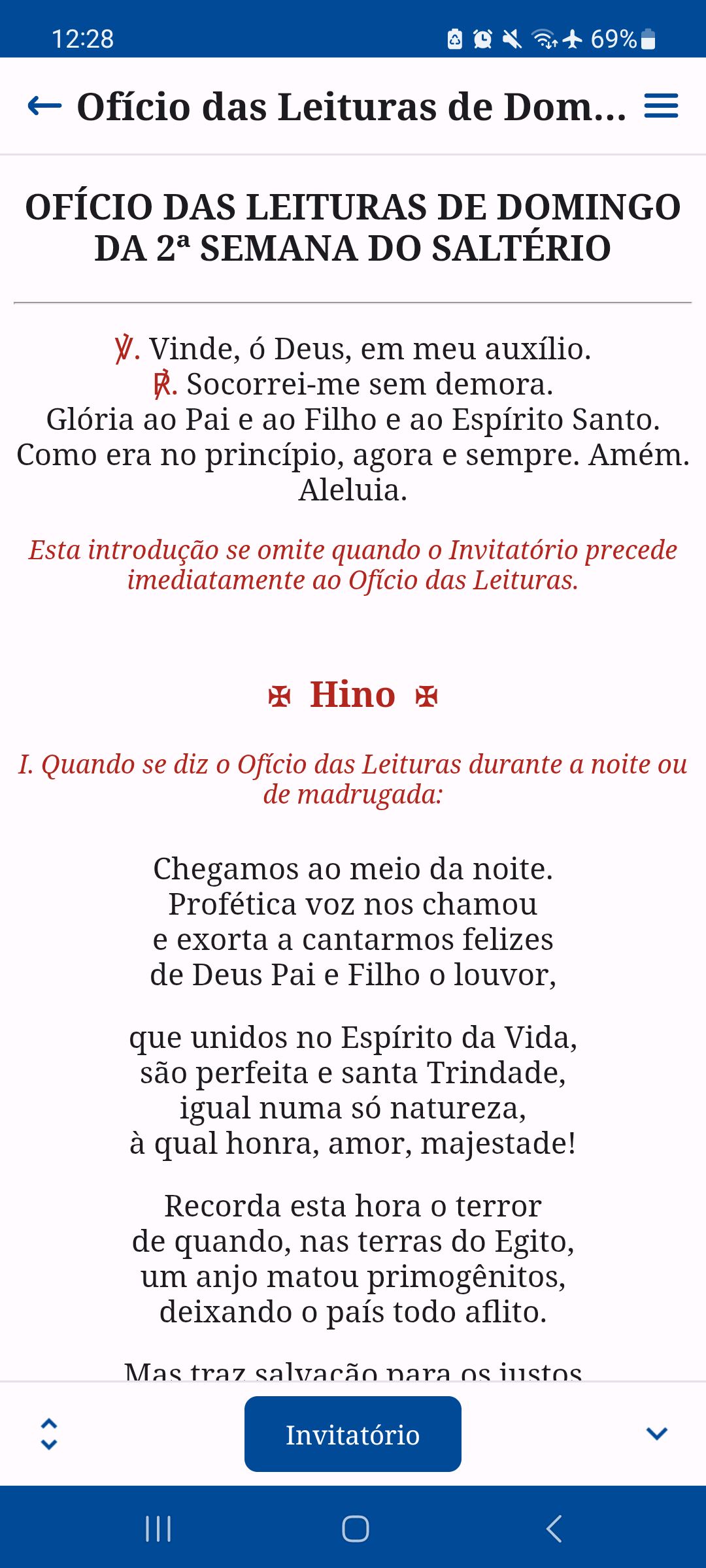 Tela da Liturgia das Horas no aplicativo Oratio