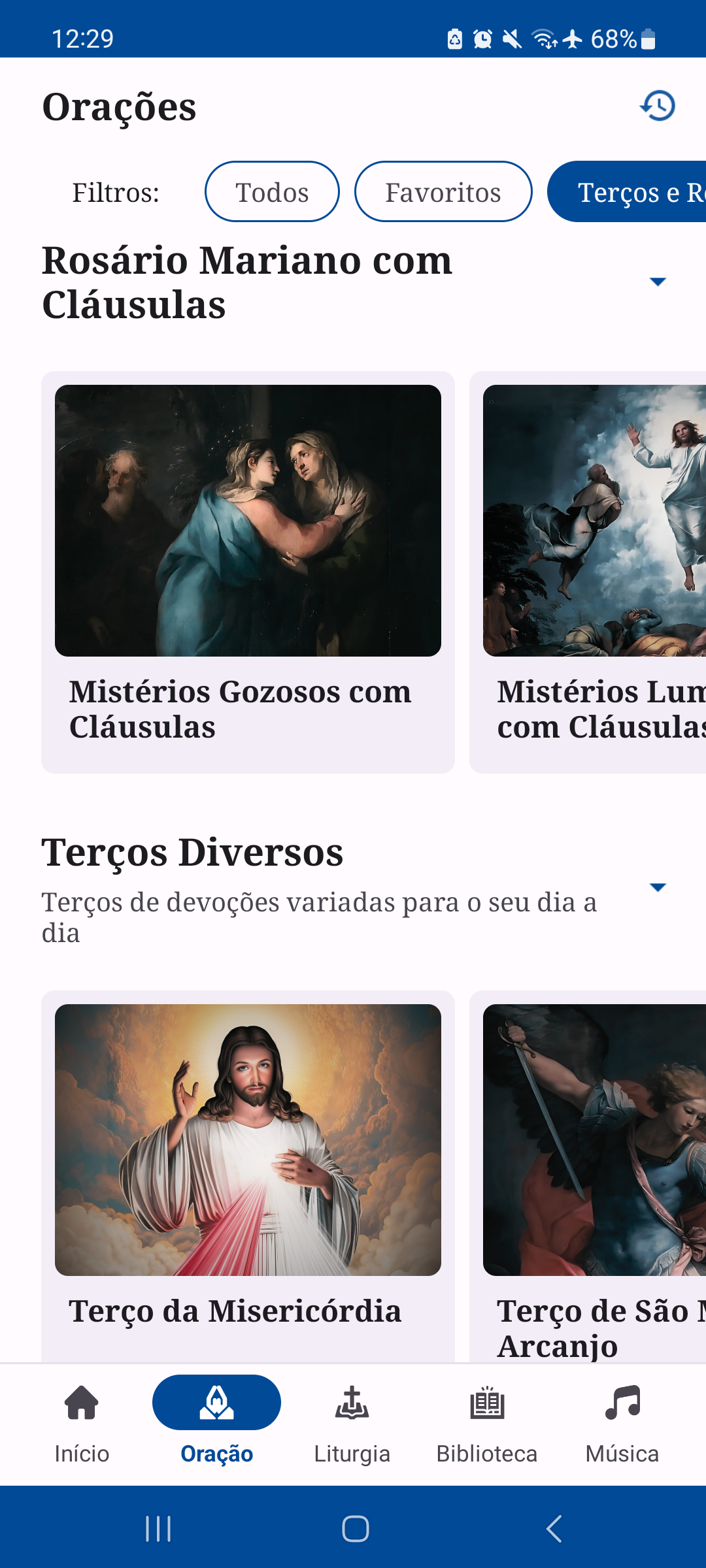 Tela de orações, terços e rosários no aplicativo Oratio