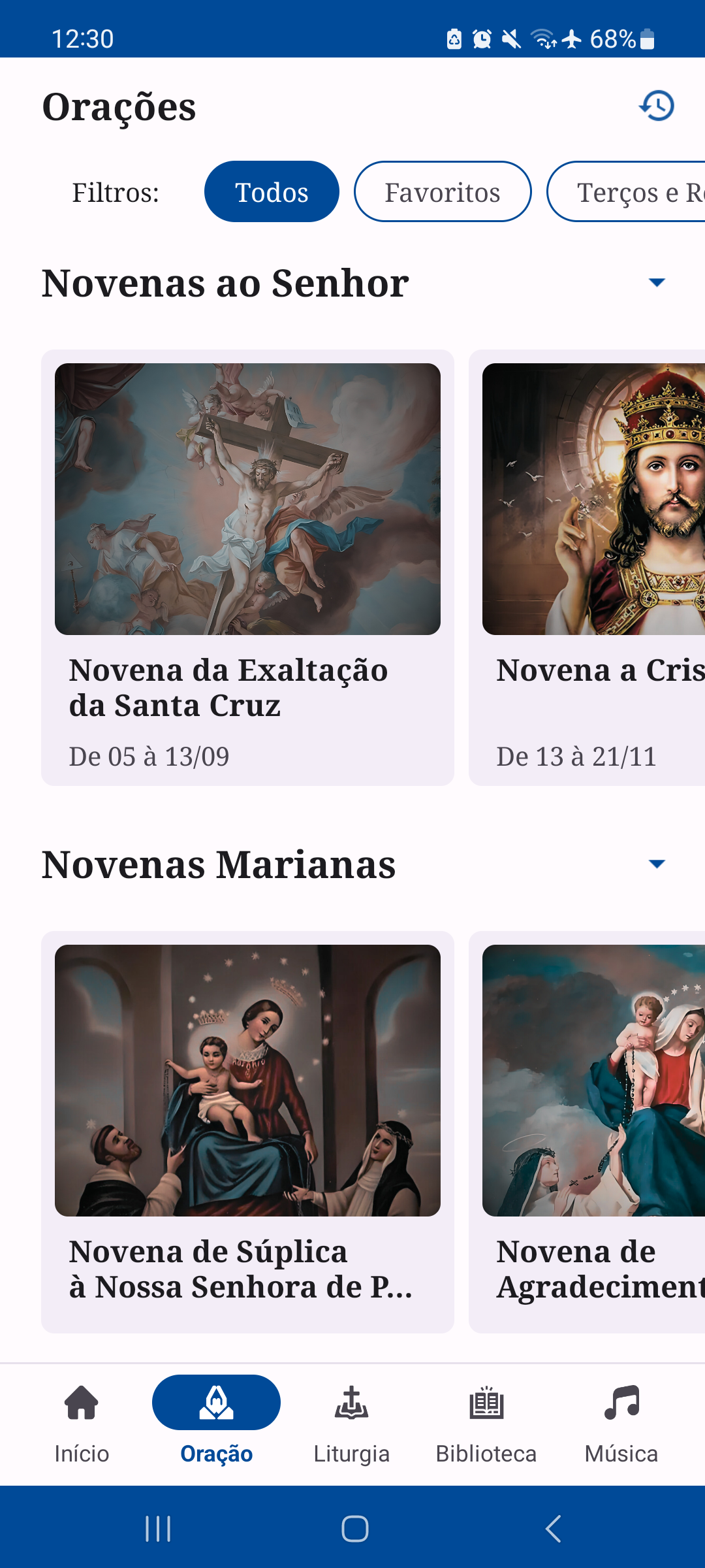 Tela de novenas no aplicativo Oratio