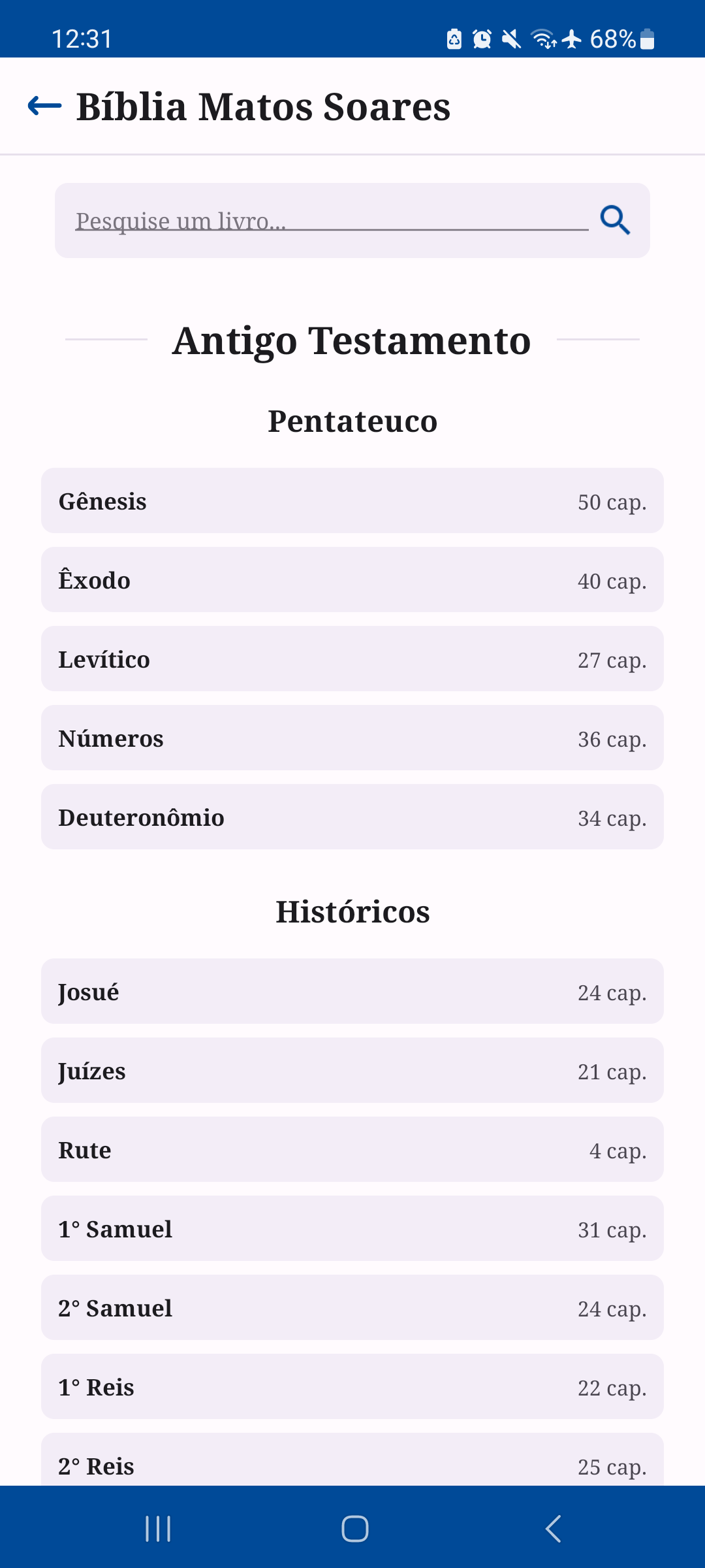 Tela de Bíblias em português, latim e grego no aplicativo Oratio