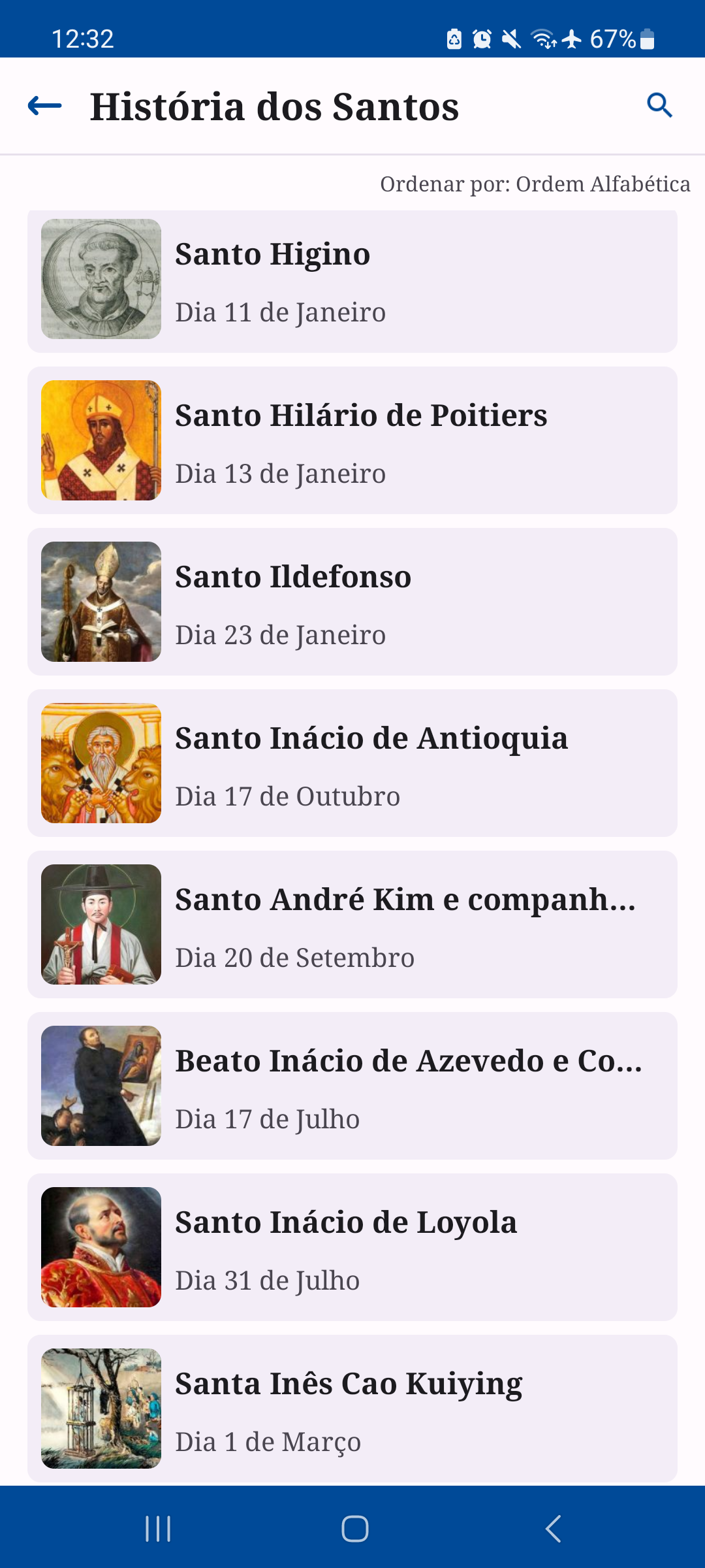 Tela de histórias dos santos no aplicativo Oratio