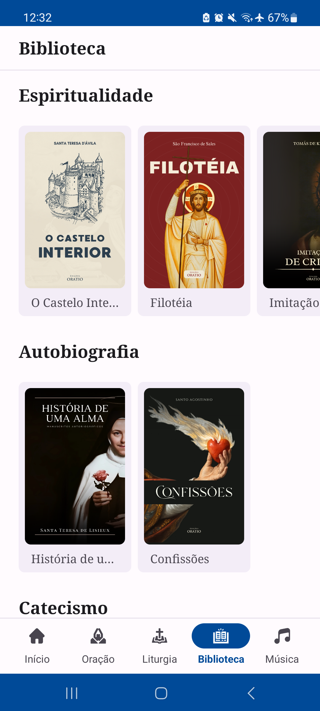 Tela de livros e biblioteca espiritual no aplicativo Oratio