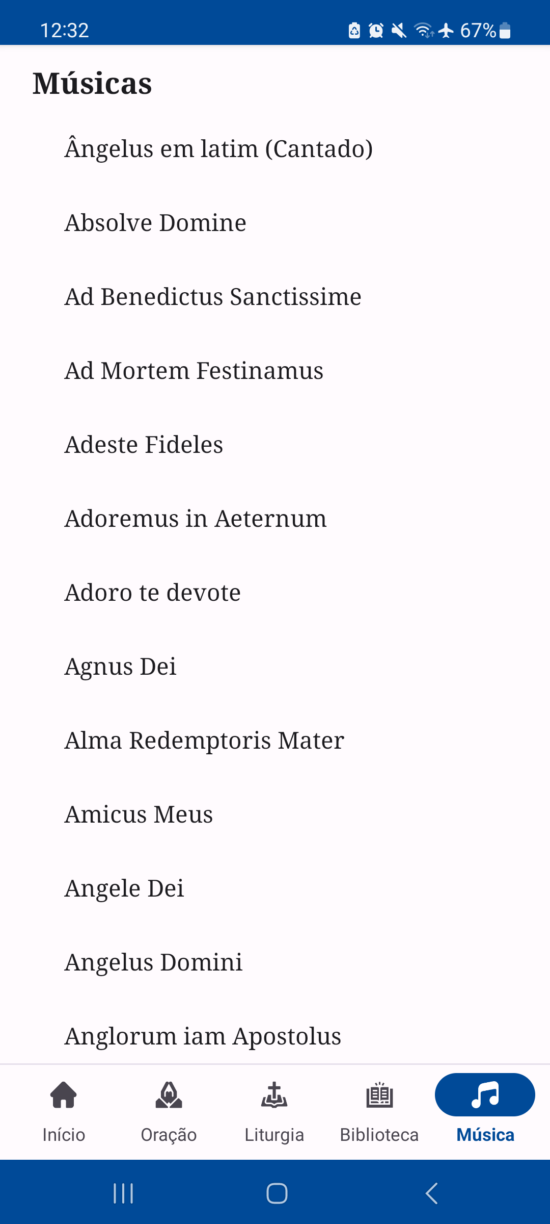 Tela de músicas e cantos gregorianos no aplicativo Oratio