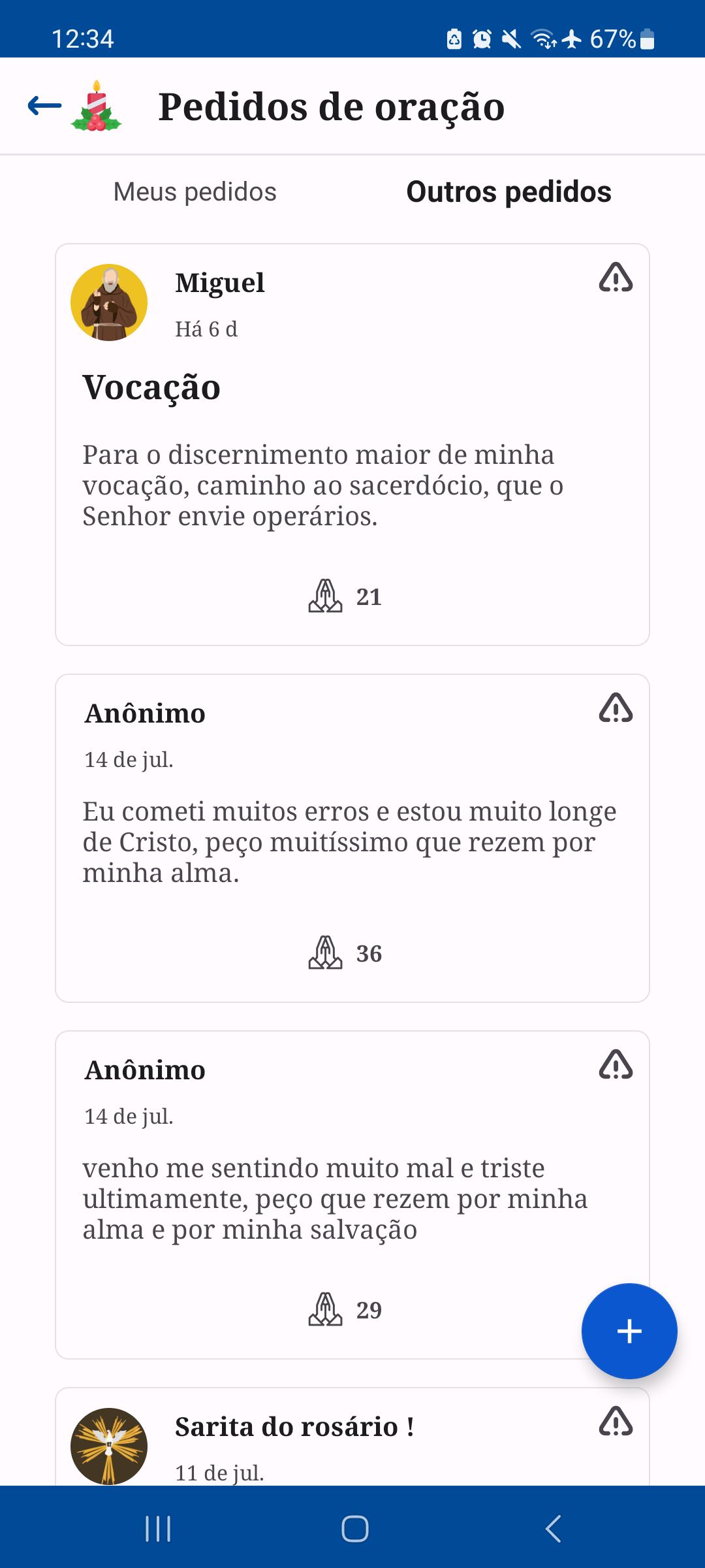 Tela de pedidos de oração comunitários no aplicativo Oratio