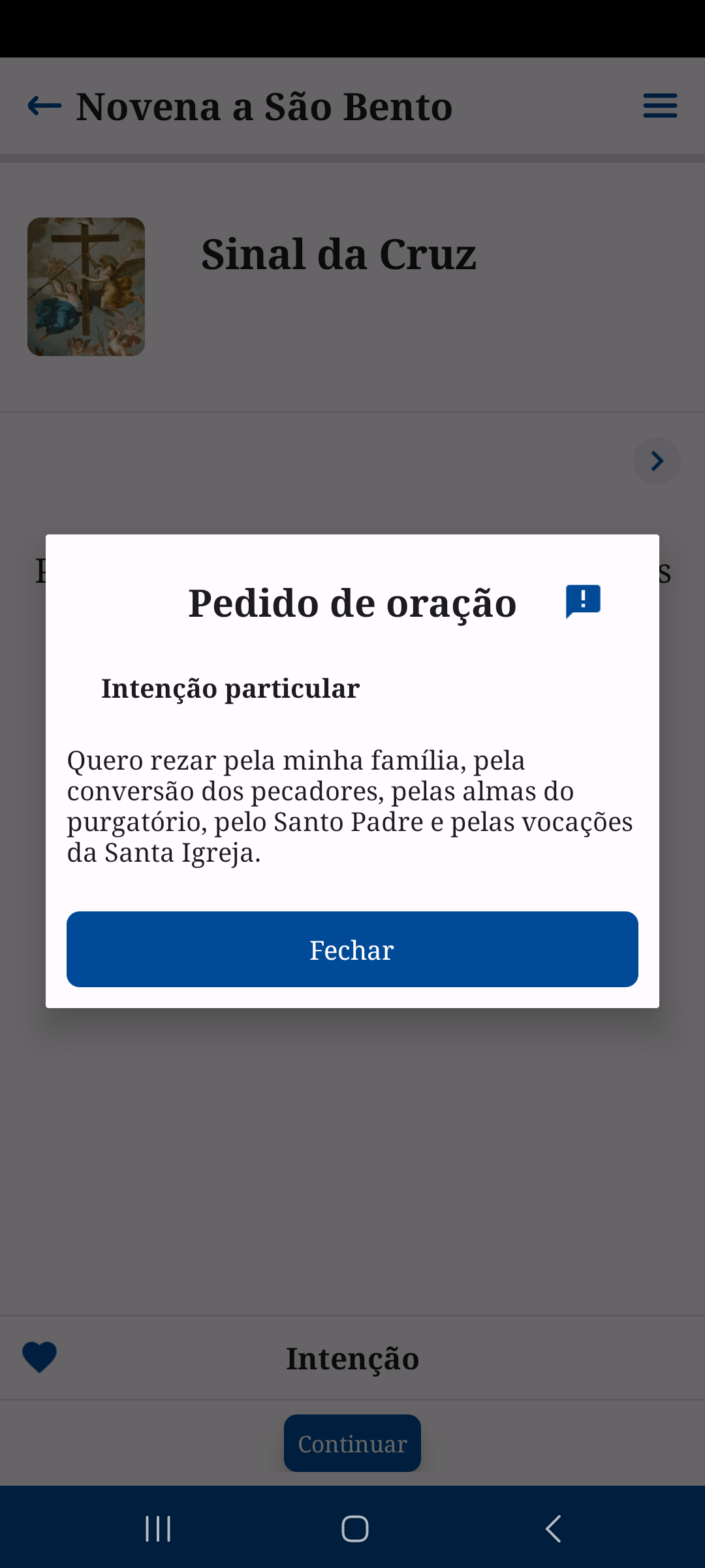 Tela de intenções privadas no aplicativo Oratio