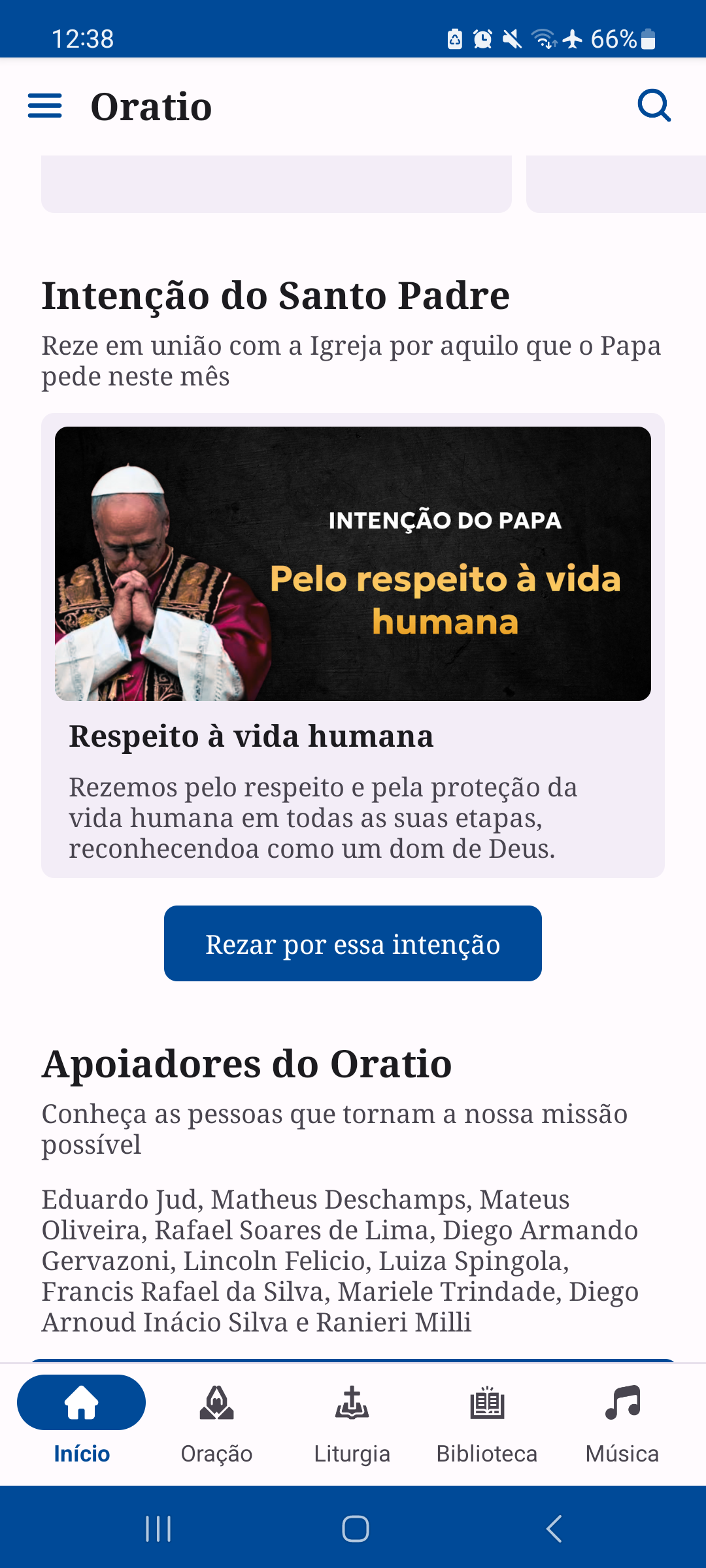 Tela das intenções mensais do Papa no aplicativo Oratio